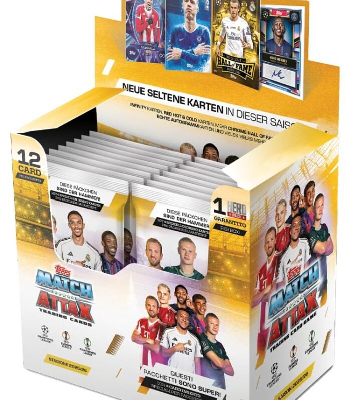 Topps UCC Match Attax 2025/26 – Display Box – Contient 32 paquets de 4 cartes spéciales par paquet (12 cartes par paquet).