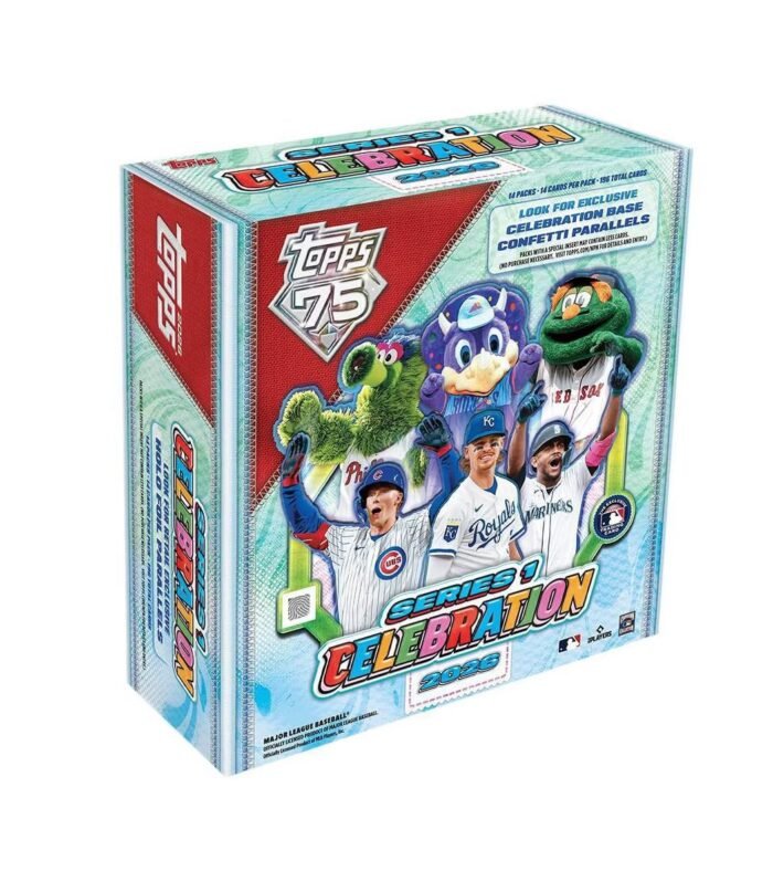 Topps MLB Series 1 Boîte de célébration de cartes à collectionner 2026 – Confettis exclusifs et parallèles holographiques – Cartes reliques autographes Chance for Dynasty Mascotte